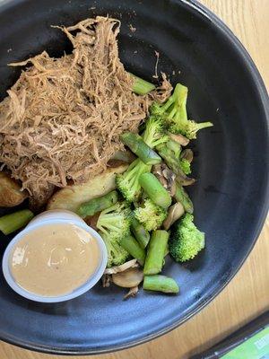 CYO Bowl: rosemary potato base, Shredded beef, mushrooms, asparagus, broccoli, chipotle dressing