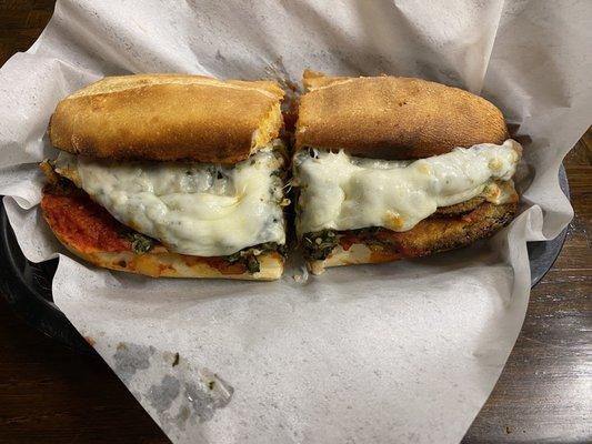 Eggplant Parmesan sub. I added spinach. I love the spinach here.