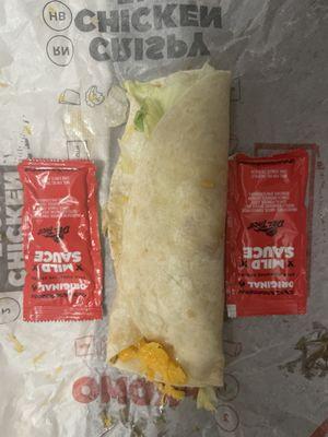 Two packets of mild sauce have more filling than a chicken soft taco.