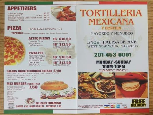 Xochitl Tortilleria Mexicana y Pizzeria - Menu 1 Front