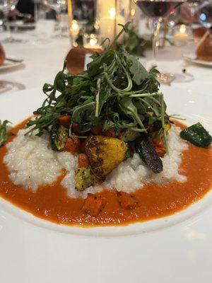 Creamy risotto w/ romesco sauce and seasonal vegetables