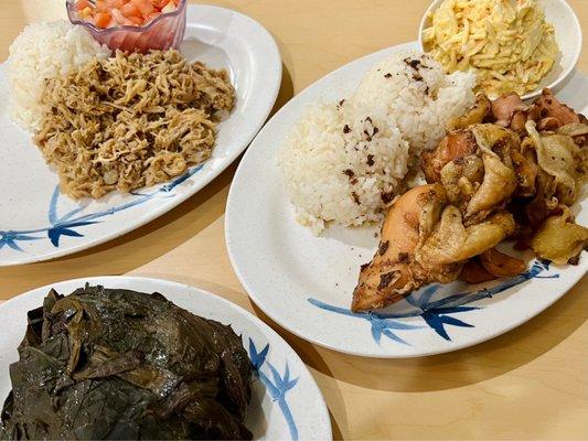 Laulau (Front), Kalua Pig (Left), Shoyu Chicken (Right)