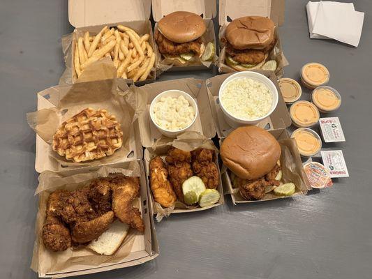 Chicken wings + waffles, three strip 3 Piece Chicken Strips, Hot Chicken Sandwich, Basket of Fries, Mac & Cheese, Southern Style Coleslaw