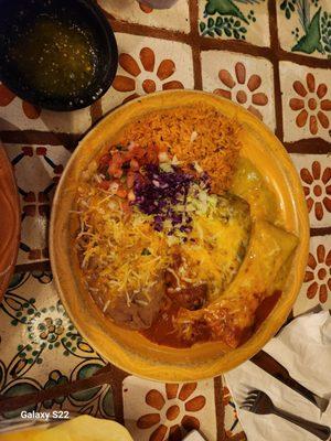 Cheese enchilada and Beef chilli relleno combo