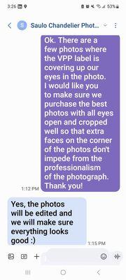 Text exchange with the photo editor, Saulo. I am addressing my concerns prior to them editing the photos.