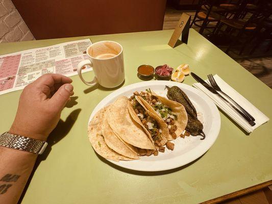 Tripa Flour Tacos With Two Grilled Jalapeño & A 20oz Horchata Latte With Espresso