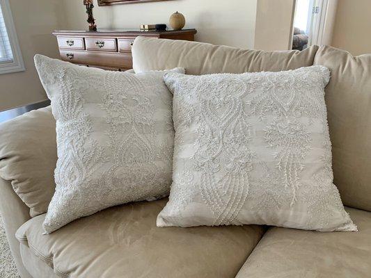 The beautiful decorative pillowcases Marco made from delicate & beaded fabrics that I'd bought overseas.