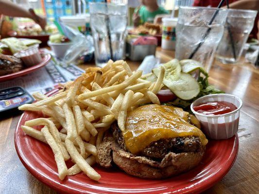 Cheese burger with fries. My usual