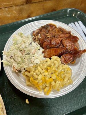 Brisket and sausage with coleslaw and Mac n cheese