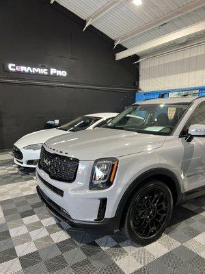 This Kia Telluride is ready to go home after receiving our premium 2-step paint correction and Ceramic Pro Silver package.