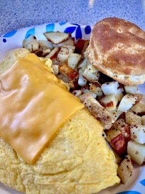 Cheese Omelette, Seasoned Home Fries, Biscuit