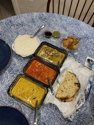 Vegetable Samosa, Cheese Garlic Naan, Lamb Shahi Korma, Butter(Makhni) Chicken, Shrimp Xacutti