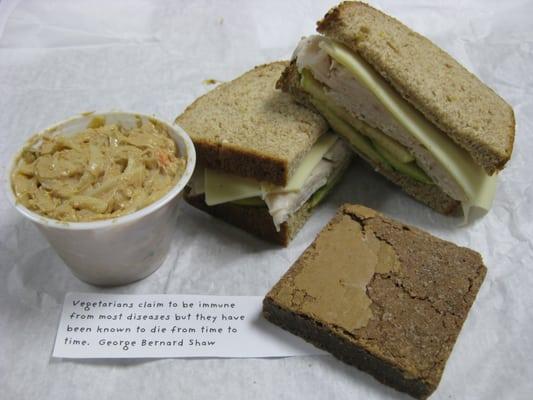 Turkey, Apple, & Cheddar Sandwich, Spicy Sesame Noodles, and Cappuccino Brownie.