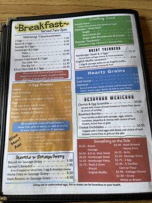 Breakfast menu