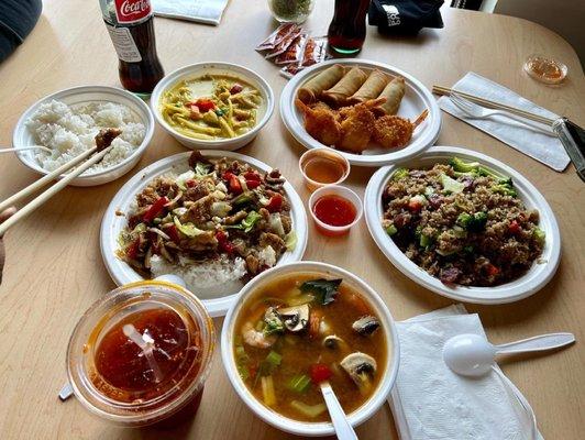 Tom yum soup, Lemongrass chicken, grandmas fried rice, yellow curry, egg-rolls and fried shrimp