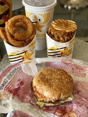 The Beyond Famous Star with Cheese, Waffle Fries, Onion Rings and Coke