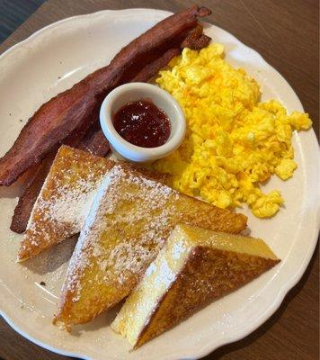 French toast, crispy bacon and eggs and cheese