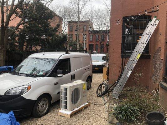 Here you see our company vans standing purty'. We are installing 2 zone fujitsu mini split into this brownstone in park slope, Brooklyn.