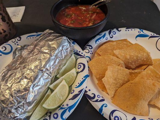 Shrimp burrito, salsa and chips