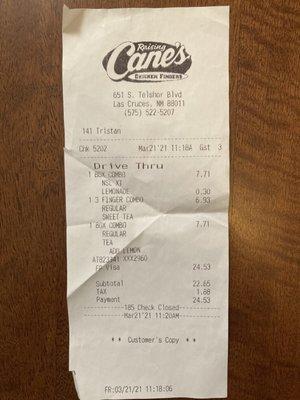 Raising Cane's.  The grand total.