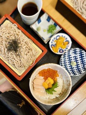 Uni, hotate and ikura don with zaru soba