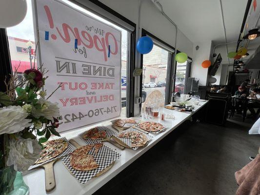 Yummy pizza, salad, tots, and wings for our party! Fresh pizzas came out every 5-10 minutes!