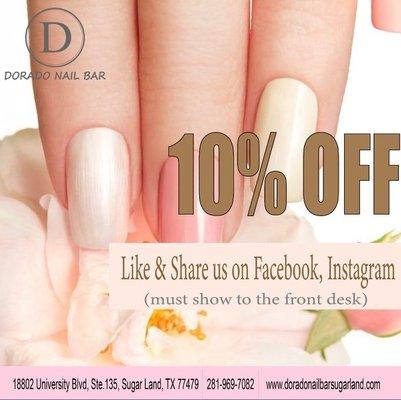 Get 10% off----Like & Share us on Facebook & Instagram