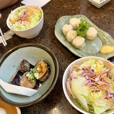 Eggplant  and shumai, salad with ginger sauce