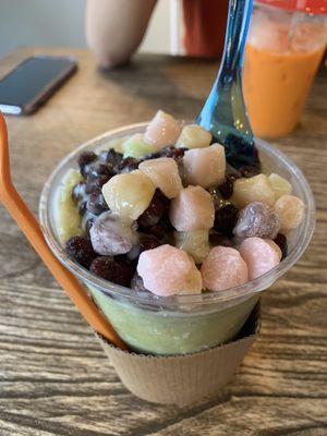 Mochi shaved ice? Presentation nothing like the photos they advertise, looks unappetizing