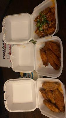 Spicy honey mustard wings, hot wings, and firecracker shrimp