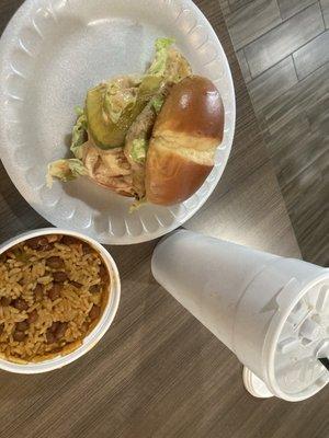 Farmhouse sandwich, red beans and rice with a drink.