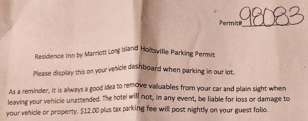 Parking fee of $12/night plus tax