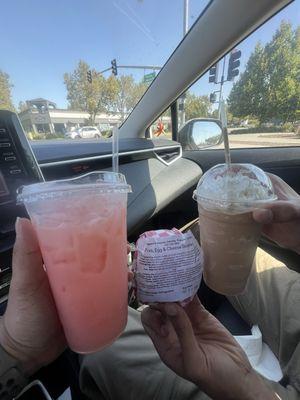 Strawberry delight, white mocha frappucino, pork sausage breakfast sandwich