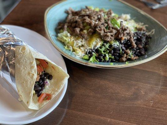 Kitchen sink burrito and a carne asada bowl