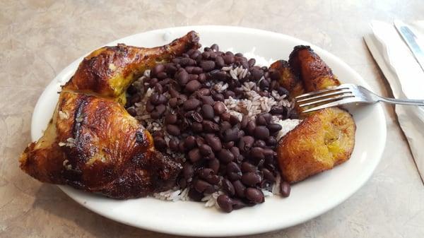 Grill chicken, black beans over white rice with fried plantains! Yummy!