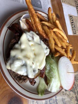 Pretzel burger (bacon and cheese) and fries.