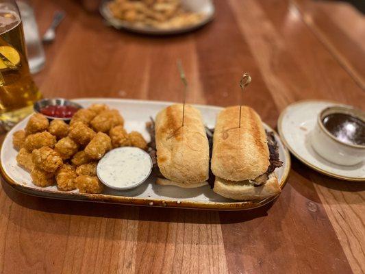 French Dip with tater tots and au jus