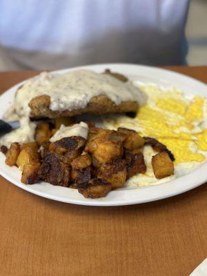 Chicken fried steak and eggs (requested hard cooked eggs). The gravy was quite good, too.