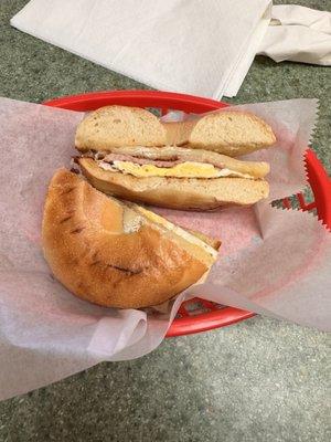 Their bagelicous bacon ham egg and cheese on a plain bagel