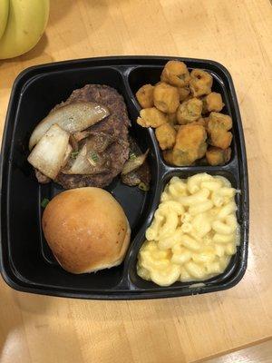 Luann Platter to go. Angus chop steak, fried okra, mac n cheese and roll