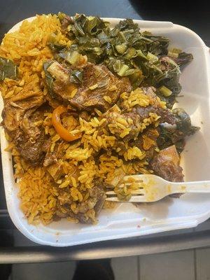 Goat, Collard Greens, and Yellow Rice