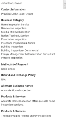 Accurate Inspection Services' profile pg on BBB website 11/12/14, after I filed a complaint. Notice refund policy is now "N/A".