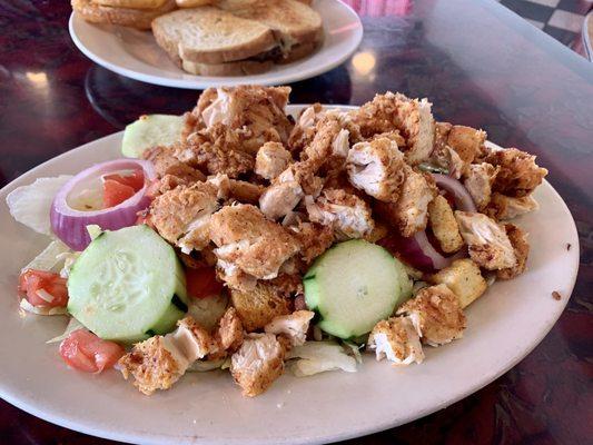 Work Release Fried Chicken Salad - that bowl is deeper than it looks! Really tasty and filling.