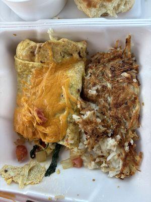 Veggie omelet with light hash browns