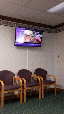 The TV that is always on in the lobby runs great helpful and healthy information for patients. The program is displayed by "Outcome Health".