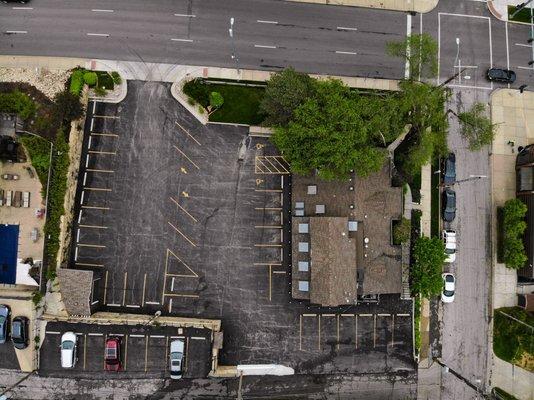 An aerial view of our expanded parking lot! We are conveniently located west of the country club plaza with plenty of on site parking!