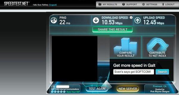 Speedtest.net screen cap from HyperSven, a Softcom customer with a Point-to-Point connection. Thanks, Sven!