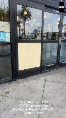 Window was temporarily boarded-up until it can be replaced.