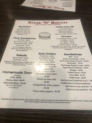 Menu-Steak and Biscuit-Outstanding Choices!