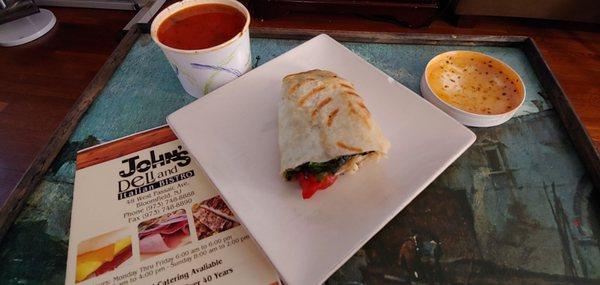 Pasta Fagioli, Grilled Chicken wrap, Mozz, roasted peppers, mixed greens, with balsamic vinaigrette... Both AMAZING